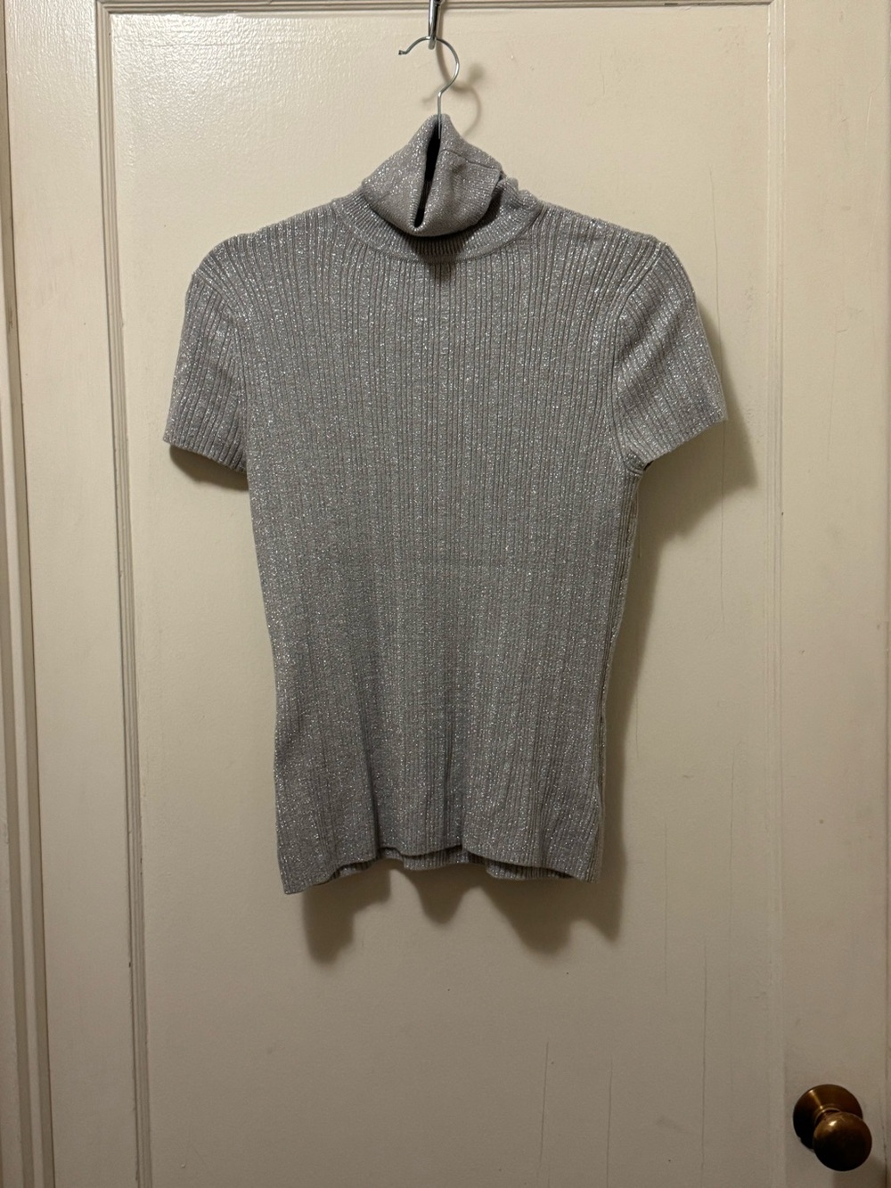 Vince Camuto Silver Short-Sleeve Metallic Turtleneck Top